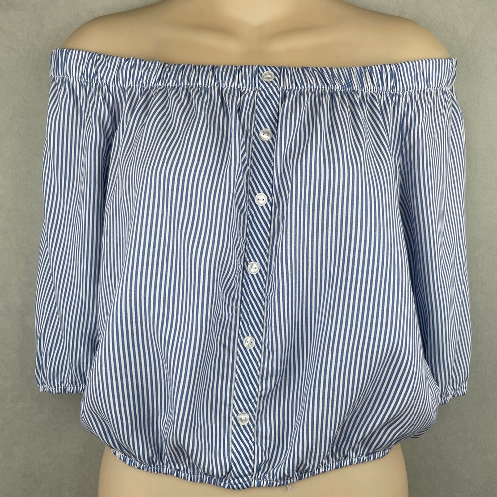 Ambiance Blue White Striped Off The Shoulder Button Front Cottagecore Blouse M